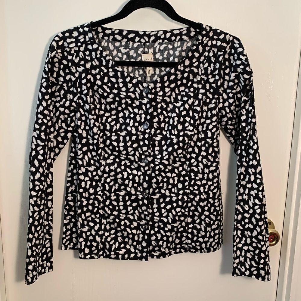 La Vie Rebecca Taylor black/white dot button down blouse Size Small